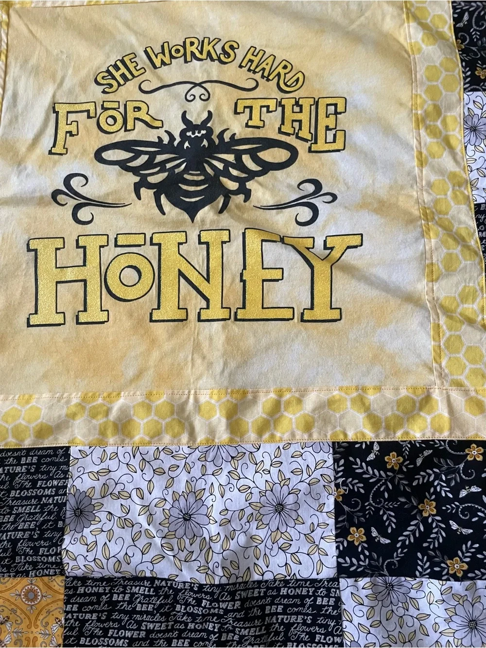She Works Hard For The Honey Yellow Patchwork Quilt for a Queen Bee